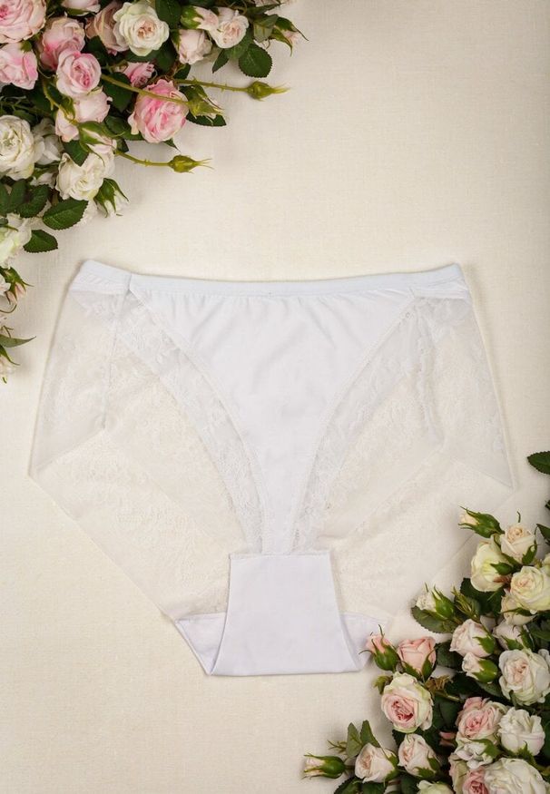 Renee - Białe Koronkowe Majtki z Wysoką Talią o Fasonie Fig Tamava. Stan: podwyższony. Kolekcja: plus size. Kolor: biały. Materiał: koronka. Wzór: koronka