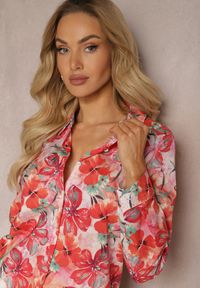 Renee - Czerwono-Różowa Klasyczna Koszula na Guziki z Bawełny w Kwiaty Taviea. Okazja: do pracy. Typ kołnierza: kołnierzyk klasyczny. Kolor: czerwony. Materiał: bawełna. Długość rękawa: długi rękaw. Długość: długie. Wzór: kwiaty. Styl: klasyczny #4