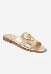 Renee - Złote Klapki VICES z Okrągłym Wycięciem i Metalicznym Detalem Lamecea. Okazja: na co dzień. Nosek buta: okrągły. Kolor: złoty. Materiał: denim. Sezon: lato. Styl: casual, retro #5