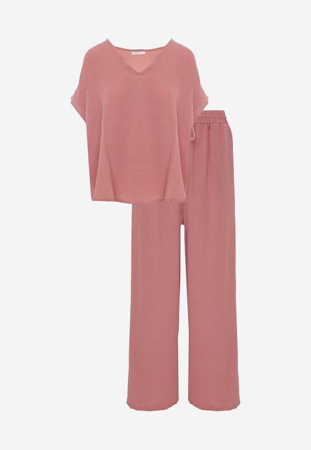 Renee - Ciemnoróżowy Komplet Bluzka i Luźne Spodnie z Wiskozą i Kieszonkami Efraria. Kolor: różowy. Materiał: wiskoza. Wzór: aplikacja