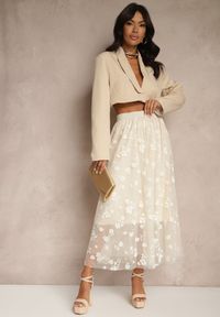 Renee - Beżowa Rozkloszowana Spódnica Tiulowa Zdobiona Welurowym Printem w Kwiaty Folisena. Okazja: na co dzień. Kolor: beżowy. Materiał: tiul, welur. Wzór: aplikacja, kwiaty, nadruk. Styl: klasyczny, casual, elegancki #3