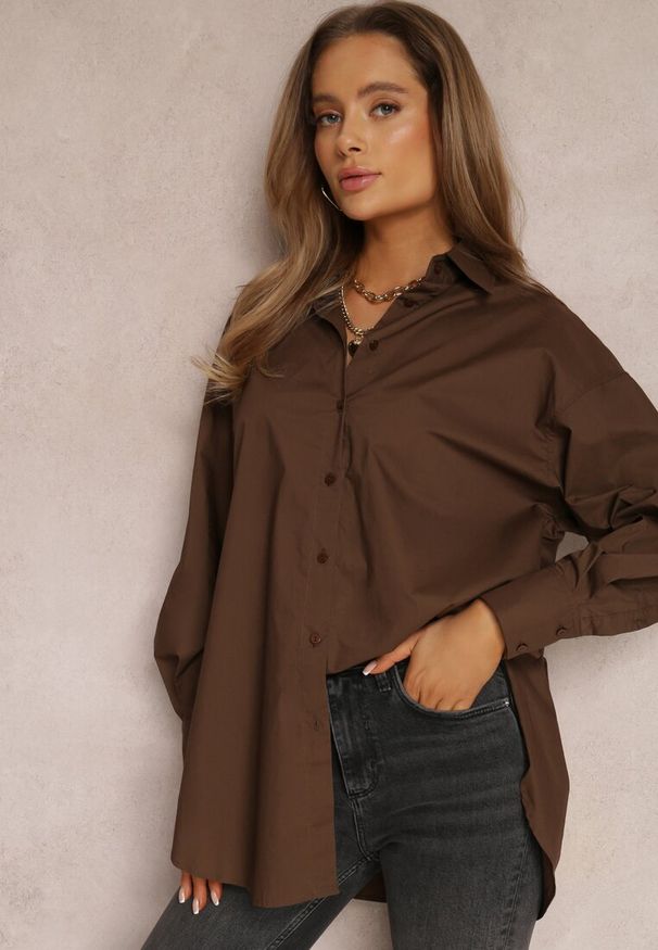 Renee - Ciemnobrązowa Koszula Bawełniana Aquida. Kolor: brązowy. Materiał: bawełna. Długość rękawa: długi rękaw. Długość: długie