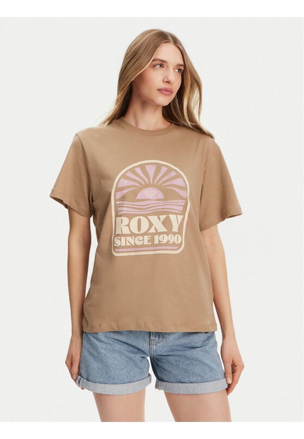Roxy T-Shirt ERJZT05912 Brązowy Regular Fit. Kolor: brązowy. Materiał: bawełna