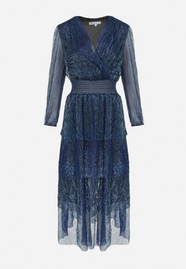 Born2be - Granatowa Sukienka Błyszcząca z Falbanami i Gumką w Pasie Limite. Okazja: na spacer, na co dzień, na spotkanie biznesowe. Typ kołnierza: dekolt kopertowy, dekolt w kształcie V. Kolor: niebieski. Wzór: aplikacja. Typ sukienki: kopertowe. Styl: casual, biznesowy