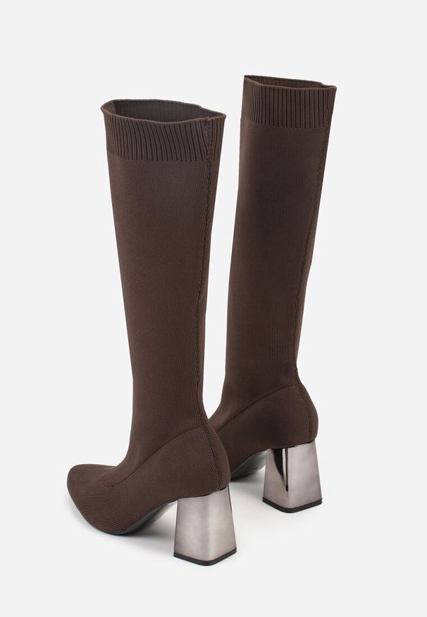 Renee - Brązowe Eleganckie Kozaki VICES na Metalicznym Obcasie ze Skarpetkową Cholewką Nalaina. Okazja: na co dzień. Kolor: brązowy. Materiał: skóra. Szerokość cholewki: normalna. Obcas: na obcasie. Styl: elegancki. Wysokość obcasa: średni