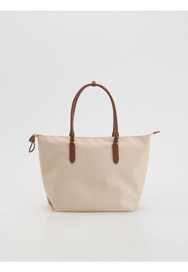 Reserved - Tkaninowa torebka shopper - beżowy. Kolor: beżowy. Wzór: gładki