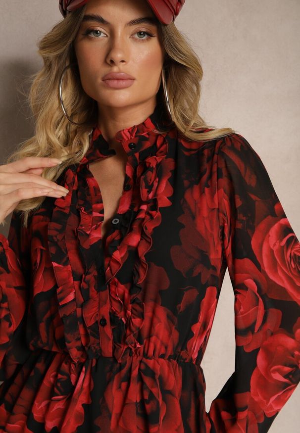 Renee - Czerwona Rozkloszowana Sukienka w Kwiaty z Gumką w Pasie Mirizora. Okazja: na co dzień. Kolor: czerwony. Wzór: kwiaty. Typ sukienki: rozkloszowane, sportowe, proste. Styl: sportowy, casual, elegancki