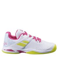 Buty do tenisa dla dzieci Babolat Propulse Allcourt. Zapięcie: sznurówki. Kolor: biały, wielokolorowy. Materiał: materiał, syntetyk, tkanina. Szerokość cholewki: normalna. Sport: tenis