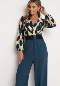 Born2be - Beżowo-Niebieski Kombinezon o Kopertowym Kroju z Dodatkowym Paskiem i Wzorzystą Górą Tinasirae. Okazja: na co dzień. Kolor: zielony. Styl: casual, elegancki #3