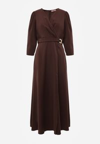 Born2be - Brązowa Kopertowa Sukienka Wieczorowa z Metaliczną Aplikacją w Talii Henalana. Okazja: na imprezę. Typ kołnierza: dekolt w serek. Kolor: brązowy. Wzór: aplikacja. Typ sukienki: kopertowe. Styl: wizytowy #4