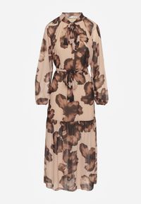 Renee - Ciemnobeżowa Sukienka o Pudełkowym Kroju w Kwiatowy Wzór Ozdobiona Paskiem Acexia. Okazja: na co dzień, na spotkanie biznesowe, do pracy. Kolor: beżowy. Materiał: skóra. Wzór: aplikacja, kwiaty. Styl: casual, biznesowy, klasyczny #7