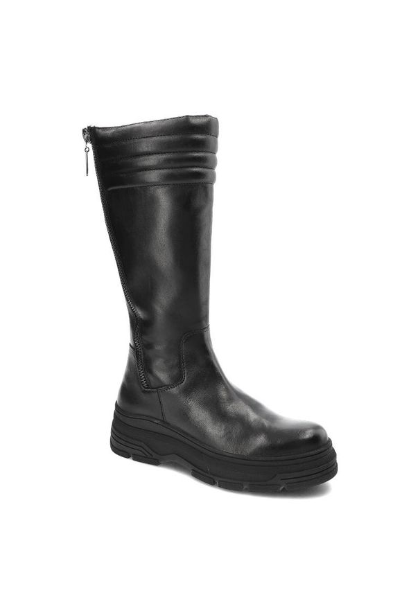 Czarne Kozaki Marco Tozzi Wygodne Skórzane Buty Damskie. Okazja: na co dzień. Kolor: czarny. Materiał: skóra. Szerokość cholewki: normalna. Obcas: na obcasie. Styl: casual, elegancki. Wysokość obcasa: niski