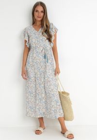 Born2be - Miętowa Sukienka Lanby. Typ kołnierza: kołnierz z falbankami. Kolor: miętowy. Materiał: materiał. Wzór: nadruk, aplikacja, kwiaty. Styl: elegancki. Długość: maxi #1