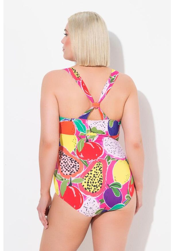 ULLA POPKEN - Damski Strój kąpielowy owoce kopertowy styl miękkie miseczki. Kolekcja: plus size. Kolor: różowy. Materiał: poliester, elastan, poliamid, materiał