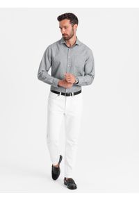 Ombre Clothing - Koszula męska z kieszenią REGULAR FIT - szary melanż V3 - Rozmiar: XXL. Kolor: szary. Materiał: poliester, bawełna. Długość rękawa: długi rękaw. Długość: długie. Wzór: melanż #2