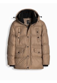 Ombre Clothing - Długa męska kurtka puffer z zapinanymi kieszeniami – brązowa V2 - Rozmiar: XXL. Kolor: brązowy. Materiał: poliester, materiał, polar, syntetyk, nylon. Długość: długie. Wzór: aplikacja #4