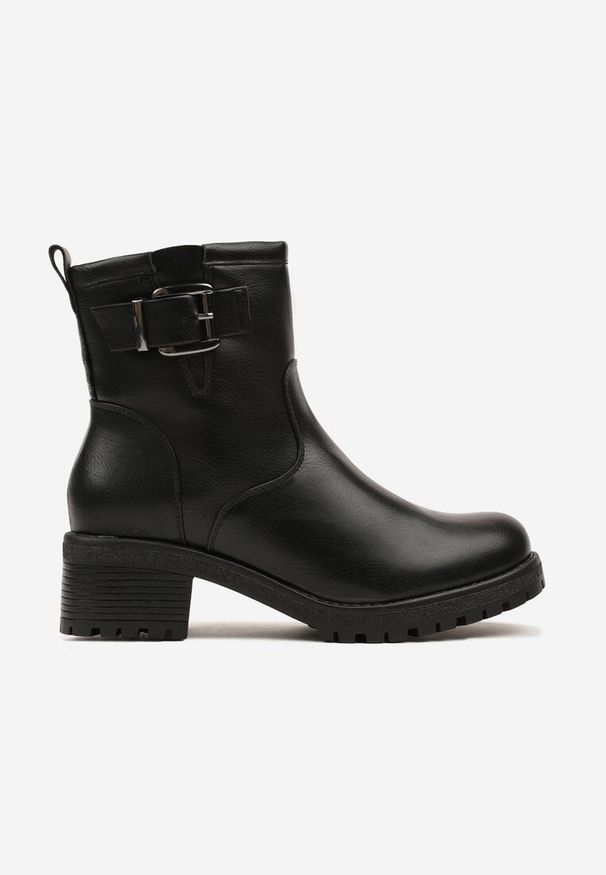 Born2be - Czarne Botki na Obcasie z Metaliczną Cholewką i Klamrą Aesaltia. Nosek buta: okrągły. Zapięcie: klamry. Kolor: czarny. Materiał: jeans. Szerokość cholewki: normalna. Obcas: na obcasie. Styl: rockowy, klasyczny. Wysokość obcasa: średni