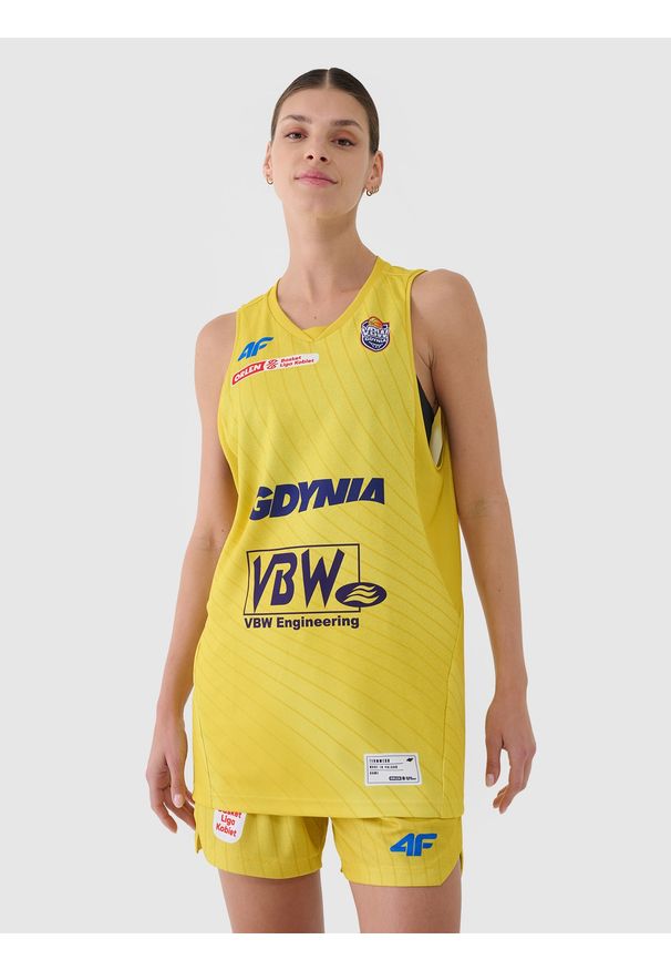 4f - 4F Koszulka meczowa replika domowa z sezonu 2024/25 damska 4F x VBW Arka Gdynia - multikolor XL. Typ kołnierza: dekolt w serek. Kolor: wielokolorowy. Materiał: dzianina, włókno, materiał, syntetyk. Wzór: gładki, nadruk, ze splotem. Sport: koszykówka, fitness