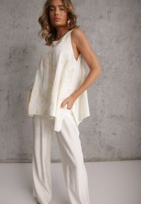 Renee - Biały Wiskozowy Komplet z Lnem w Stylu Boho Spodnie i Bluzka z Haftem Marymene. Kolor: biały. Materiał: wiskoza, len. Wzór: haft #1