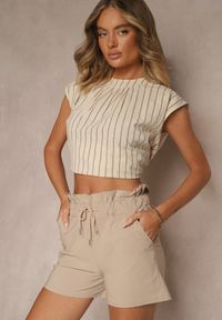 Renee - Beżowe Szorty z Bawełną High Waist z Ozdobnym Sznurkiem Axemia. Okazja: na co dzień, na spacer. Stan: podwyższony. Kolor: beżowy. Materiał: bawełna. Sezon: lato. Styl: sportowy, elegancki, casual