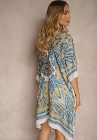 Renee - Beżowe Ponczo Narzutka z Wiskozy i Jedwabiu w Stylu Boho Acera. Okazja: na plażę. Typ kołnierza: dekolt w serek. Kolor: beżowy. Materiał: jedwab, wiskoza. Wzór: aplikacja, gładki. Styl: boho #5