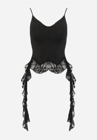 Renee - Czarna Bluzka z Dodatkiem Wiskozy i Falbankami z Koronki Coramala. Typ kołnierza: kołnierz z falbankami. Kolor: czarny. Materiał: wiskoza, koronka. Długość rękawa: na ramiączkach. Wzór: koronka. Styl: elegancki #3