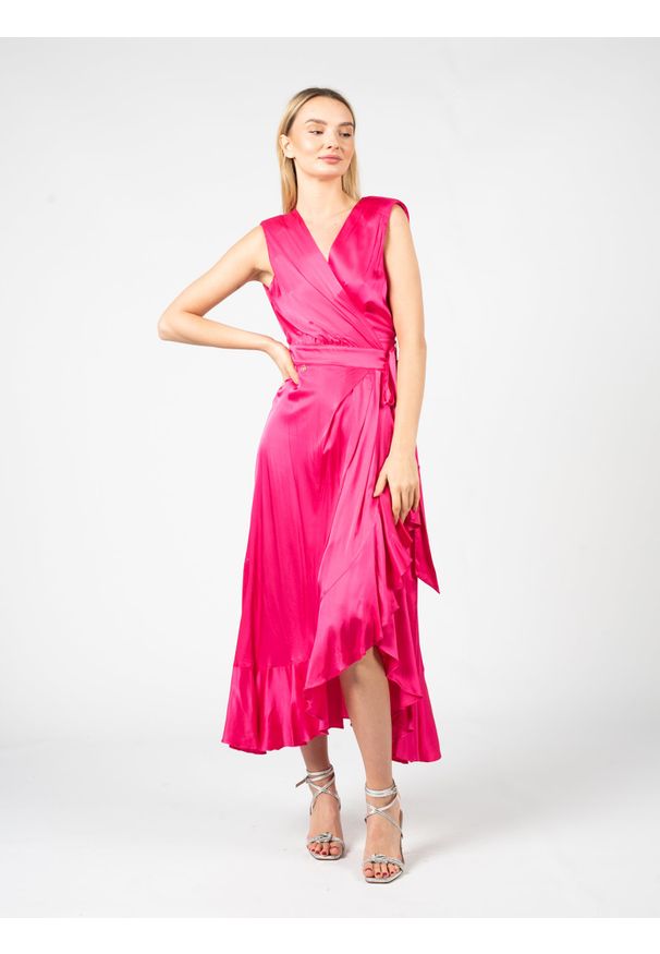 Pinko Sukienka "Oleandro" | 102076 A19B | Kobieta | Różowy. Okazja: na spacer. Kolor: różowy. Materiał: wiskoza, elastan. Długość rękawa: na ramiączkach. Wzór: aplikacja. Typ sukienki: kopertowe, rozkloszowane, dopasowane. Styl: elegancki. Długość: maxi