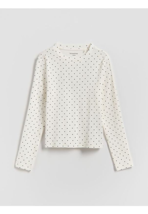 Reserved - Prążkowana koszulka w kropki - złamana biel. Materiał: prążkowany. Wzór: kropki