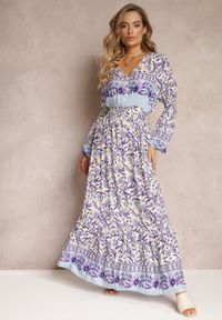 Renee - Fioletowo-Beżowa Sukienka Maxi w Kwiaty z Wiskozy Vellu. Kolor: fioletowy. Materiał: wiskoza. Wzór: kwiaty. Styl: boho. Długość: maxi #6