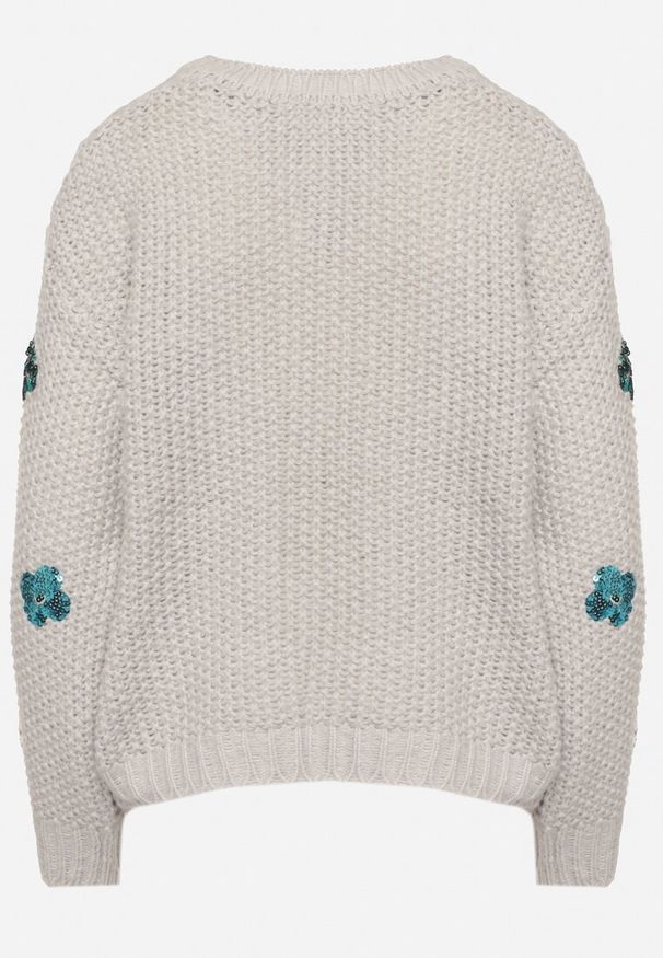Born2be - Jasnoszary Sweter z Tłoczonej Dzianiny z Wiskozą Zdobiony Cekinowymi Kwiatami Edamara. Okazja: na co dzień. Kolor: szary. Materiał: dzianina, wiskoza. Długość rękawa: długi rękaw. Długość: długie. Wzór: aplikacja, kwiaty. Styl: wizytowy, klasyczny, casual