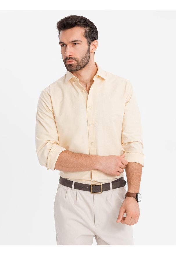 Ombre Clothing - Pastelowa bawełniana męska koszula typu oxford – jasnożółta V3 OM-SHOS-0183 - XXL. Kolor: żółty. Materiał: bawełna. Wzór: aplikacja, ze splotem. Styl: klasyczny, elegancki
