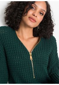 bonprix - Gruby sweter dzianinowy z zamkiem. Kolor: zielony. Materiał: dzianina. Wzór: ze splotem #3
