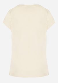 Born2be - Beżowy T-shirt z Bawełny Typu Nietoperz z Cyrkoniami i Perełkami Linellis. Okazja: na co dzień. Kolor: beżowy. Materiał: bawełna. Wzór: aplikacja. Styl: casual #3