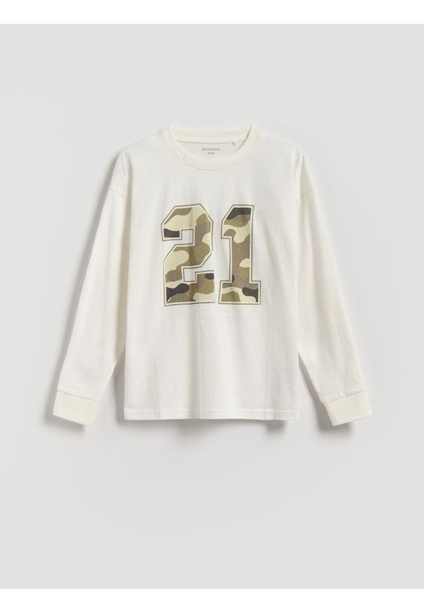 Reserved - Bawełniany longsleeve - złamana biel. Materiał: bawełna. Długość rękawa: długi rękaw