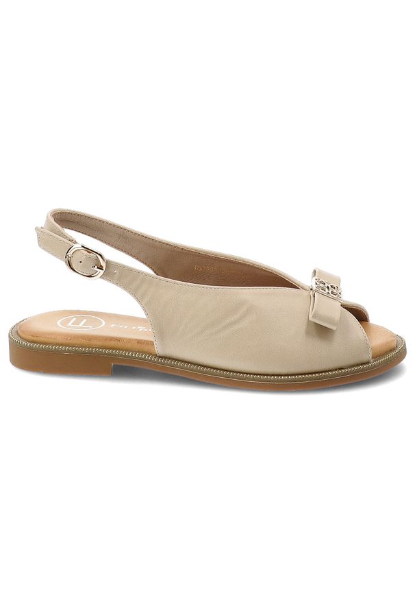 Sandały damskie Filippo, cholewka ze skóry ekologicznej zapinane na sprzączkę z elegancką kokardką, beżowe, DS7923/26. Okazja: na co dzień. Zapięcie: sprzączka. Kolor: beżowy. Materiał: skóra ekologiczna. Sezon: lato. Styl: elegancki