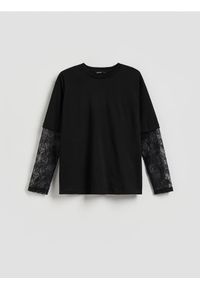 Reserved - T-shirt z koronkowymi rękawami - czarny. Kolor: czarny. Materiał: koronka #1
