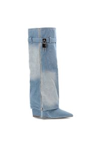 Niebieskie Kozaki Gallevani Jeansowe Obuwie Damskie. Zapięcie: sprzączka. Kolor: niebieski. Materiał: jeans. Szerokość cholewki: normalna. Wzór: ażurowy, aplikacja #3