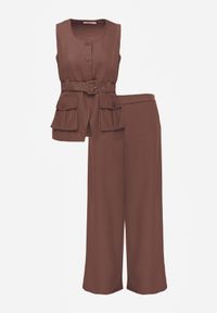 Renee - Brązowy Garniturowy Komplet z Bawełną Spodnie Wide Leg i Kamizelka Utility Aloane. Kolor: brązowy. Materiał: bawełna #7