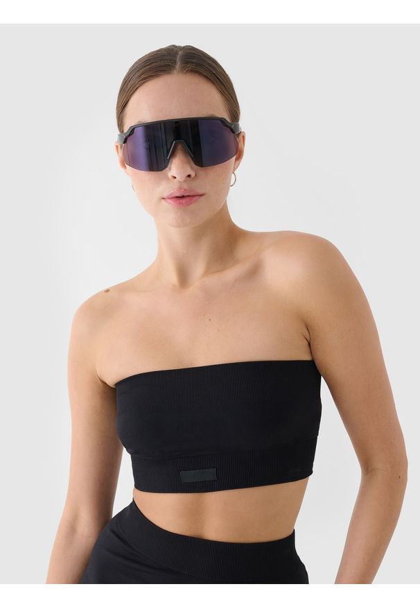 4f - 4F Crop top bandeau slim szybkoschnący damski - czarny XS/S. Kolor: czarny. Materiał: włókno, jersey, elastan, dzianina, materiał, syntetyk. Długość rękawa: na ramiączkach. Wzór: gładki, jednolity, ze splotem