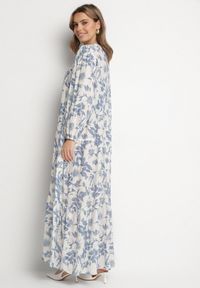 Born2be - Niebieska Bawełniana Sukienka o Rozkloszowanym Kroju w Kwiaty Efadora. Okazja: na co dzień. Kolor: niebieski. Materiał: bawełna. Wzór: kwiaty. Styl: elegancki, casual #4