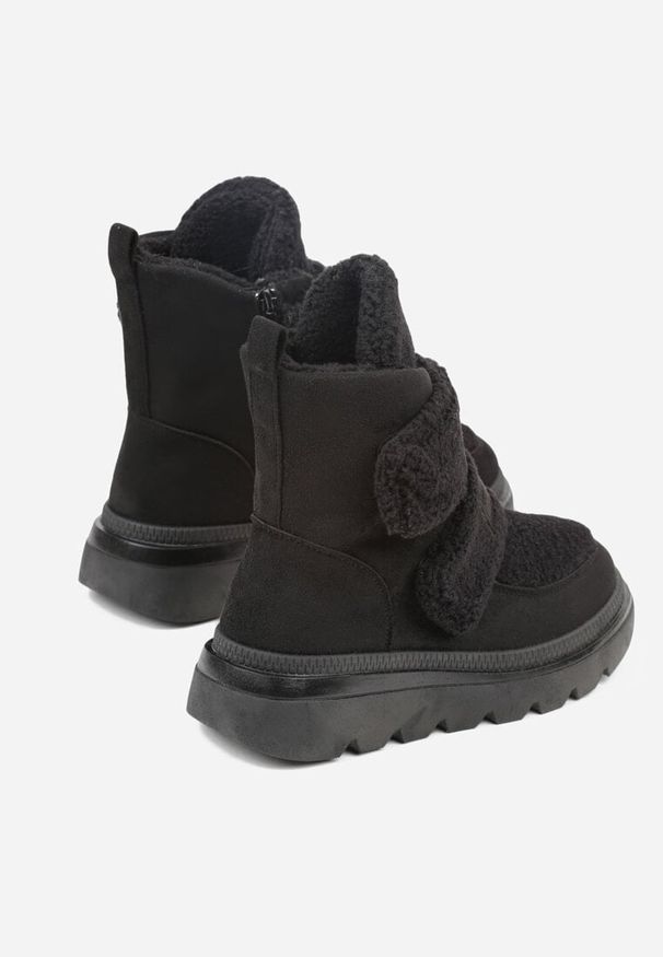 Born2be - Czarne Botki Śniegowce na Grubej Podeszwie Ozdobione Szerokimi Rzepami Amerria. Okazja: na co dzień. Zapięcie: rzepy. Kolor: czarny. Materiał: jeans. Wzór: aplikacja. Styl: casual