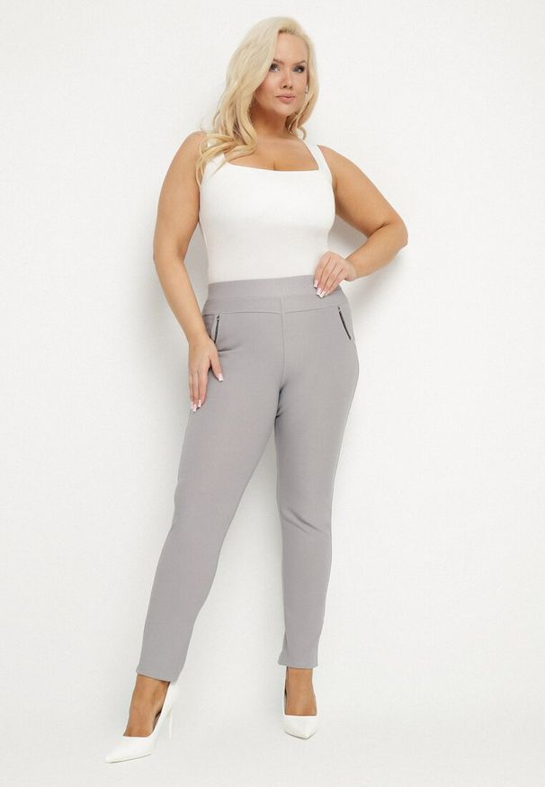 Born2be - Szare Spodnie z Gumką w Pasie z Cyrkoniami Slim Ellivna. Okazja: na co dzień. Kolekcja: plus size. Kolor: szary. Styl: klasyczny, elegancki, casual