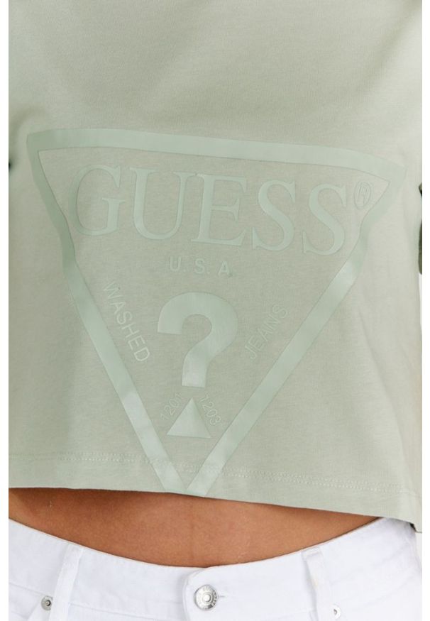 Guess - GUESS Krótki zielony t-shirt damski z logo, Rozmiar S. Kolor: zielony. Materiał: bawełna. Długość: krótkie