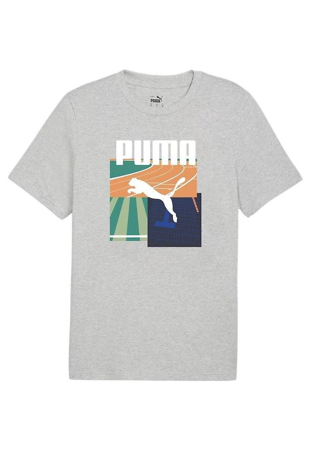 Puma - Męska Graficzna Koszulka Na Lato. Kolor: szary. Sezon: lato. Sport: turystyka piesza