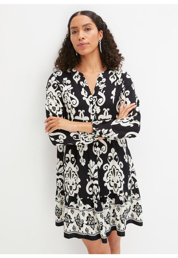 bonprix - Sukienka tunikowa z lejącej wiskozy. Kolor: czarny. Materiał: wiskoza. Wzór: nadruk
