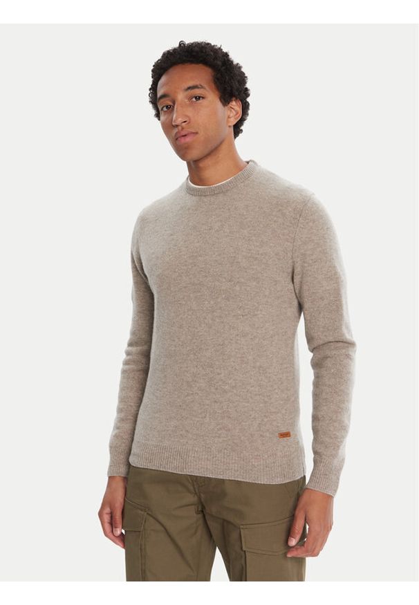 Barbour Sweter Patch Crew MKN0584ST51 Beżowy Regular Fit. Kolor: beżowy. Materiał: wełna