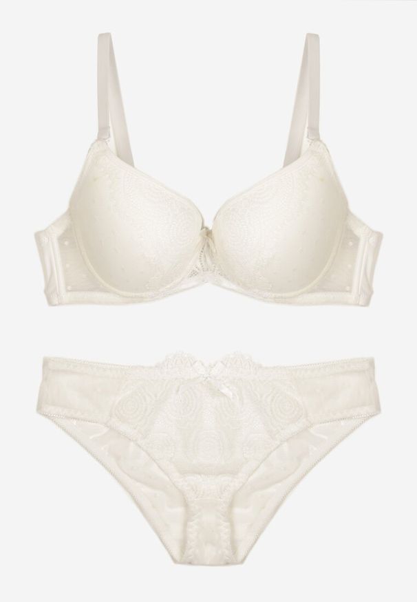 Born2be - Jasnobeżowy Koronkowy Komplet Biustonosz i Figi Ozdobione Kokardą Iririth. Kolor: beżowy. Materiał: koronka. Wzór: aplikacja