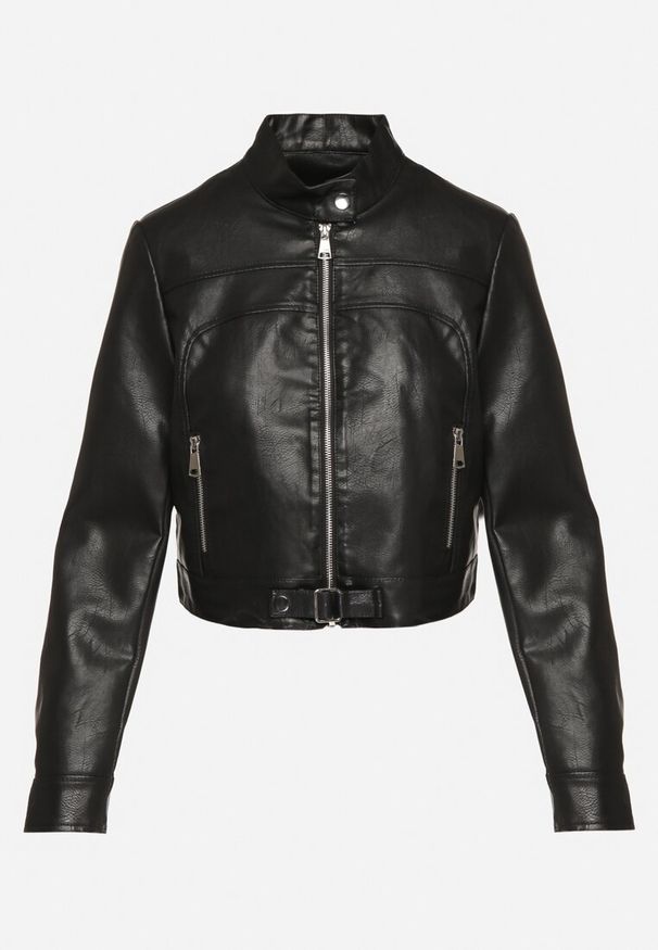 Born2be - Czarna Kurtka Ramoneska w Motocyklowym Stylu z Klamerką Terlia. Okazja: na co dzień. Kolor: czarny. Materiał: poliester, jeans. Styl: casual, klasyczny