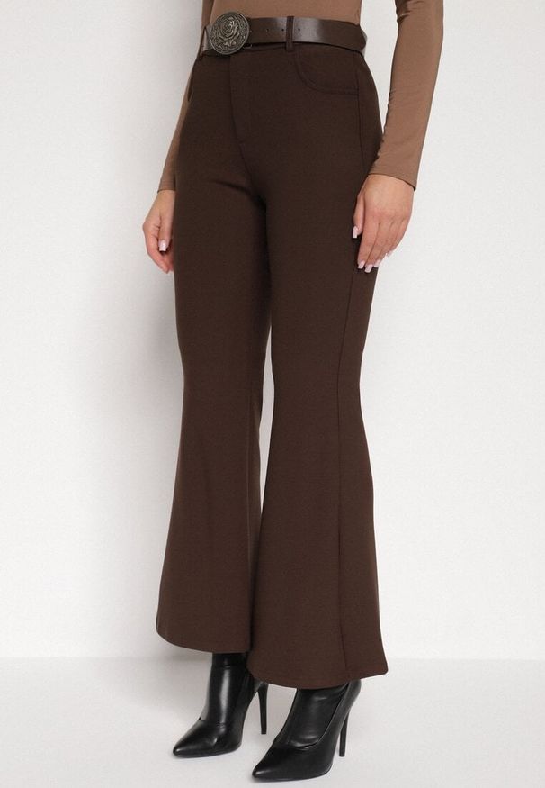 Born2be - Brązowe Spodnie Dzwony z Bawełny i Wiskozy z Kowbojskim Paskiem Tushella. Kolor: brązowy. Materiał: bawełna, wiskoza. Styl: klasyczny, elegancki