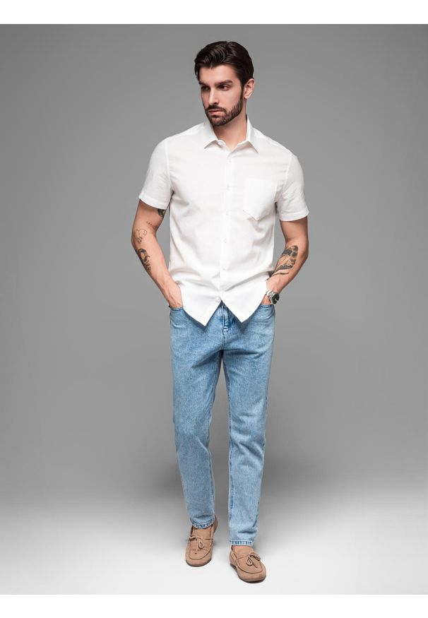Ombre Clothing - Męska koszula z lnu i bawełny z krótkim rękawem i kieszonką – złamana biel V1 OM-SHSS-0167 - XXL. Materiał: bawełna, len. Długość rękawa: krótki rękaw. Długość: krótkie. Sezon: lato